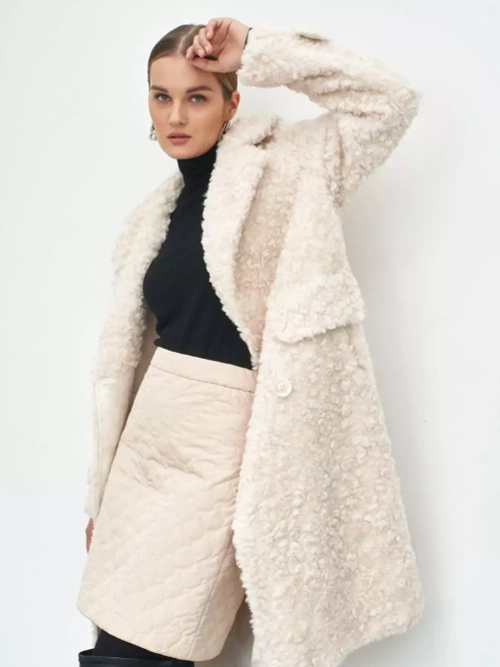 Шуба из шерсти мериноса чебурашка, молочная, SilverFox