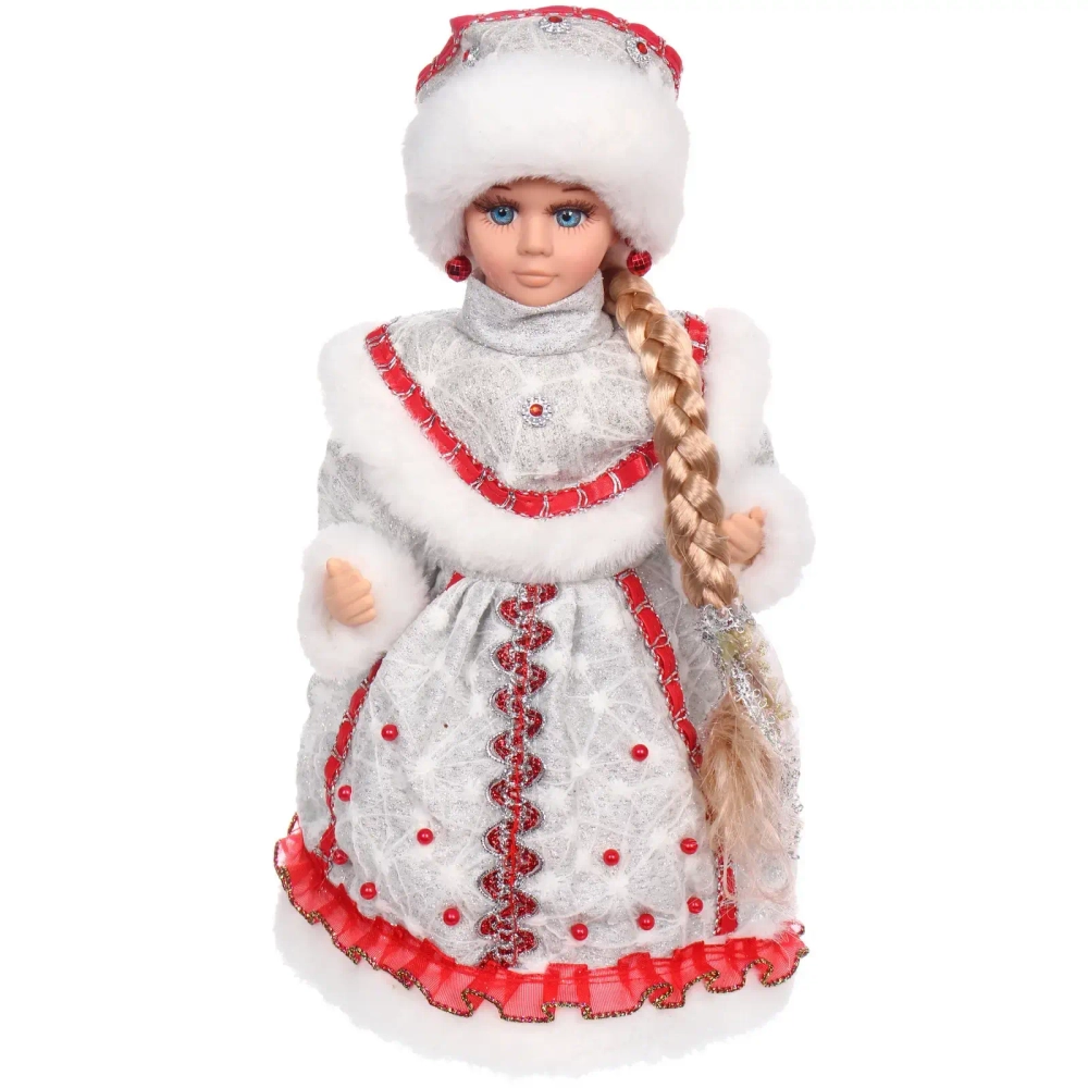 Снегурочка музыкальная «Красный бархат» 30 см (серебряная шубка)