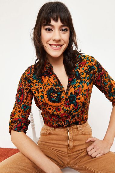 Qadın üçün Xardal rəng, qolu qatlamalı  Etnik Naxışlı Köynək 10041023