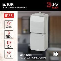 11-7607-03 ЭРА Блок розетка+выкл. верт. IP65, 16A(10AX)-250В, ОУ, Эра Эксперт, серый