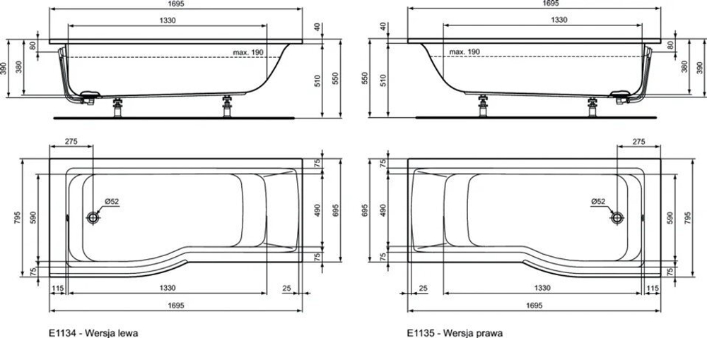 Акриловая ванна Ideal Standard 170х80 правая E113501 CONNECT AIR