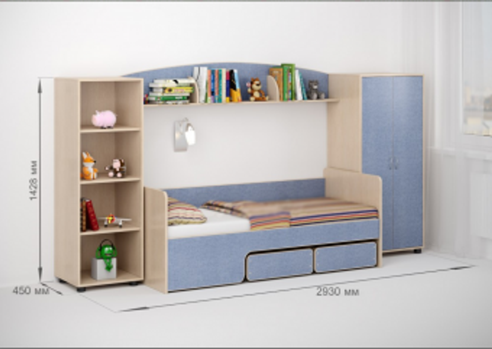 Детская стенка КарИВи Л-№24  Дуб Молочный Светло-синий, голубой