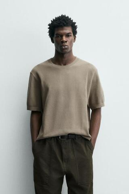 ZARA ФУТБОЛКА RELAXED FIT ИЗ ТРИКОТАЖА, РЫЖЕВАТО-КОРИЧНЕВЫЙ