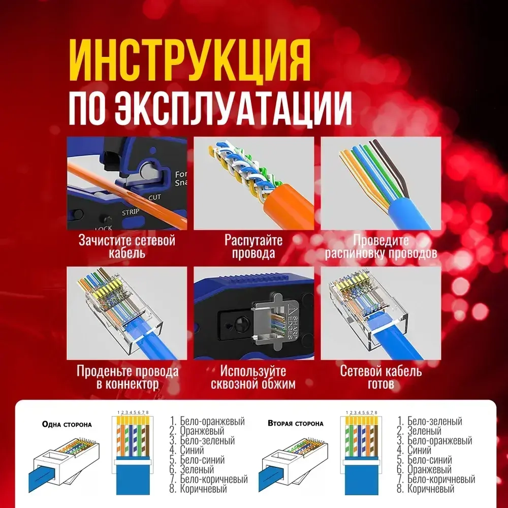 Кримпер rj45 для обжима витой пары, сквозной, многофункциональный, синий