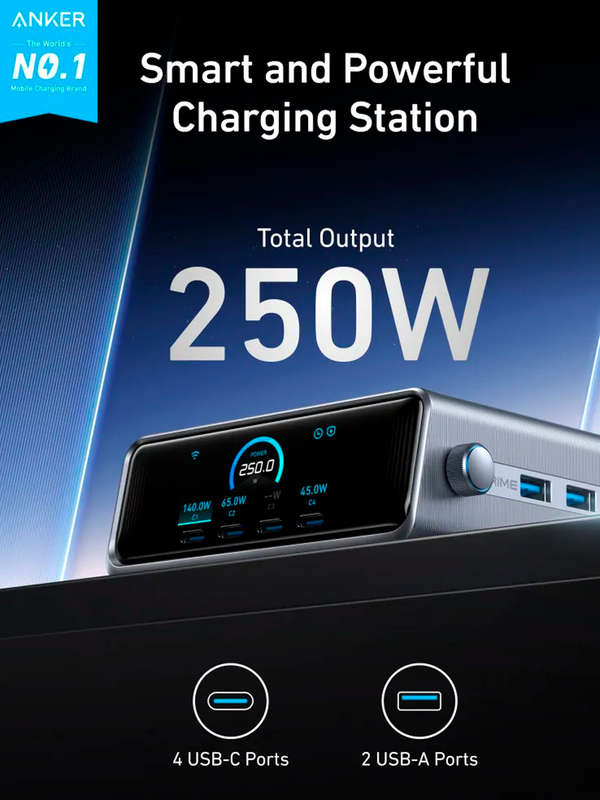 Сетевая зарядная станция Anker Prime GaN 250W, USB-C, ультрабыстрая 6-портовая зарядная станция Серая