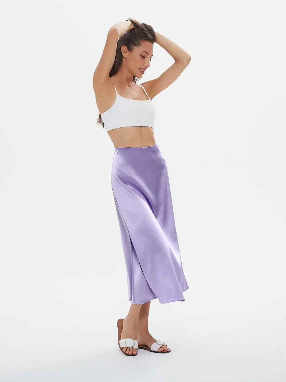 Юбка весенняя, атласная, лавандовая, шелковая на резинке