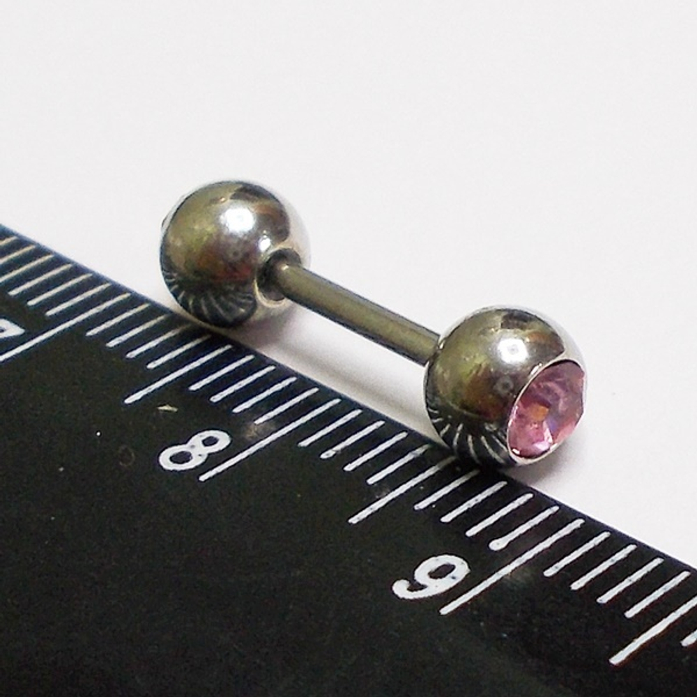 Микроштанга 8 мм для пирсинга ушей "Два кристалла". Медицинская сталь, цветные кристаллы.