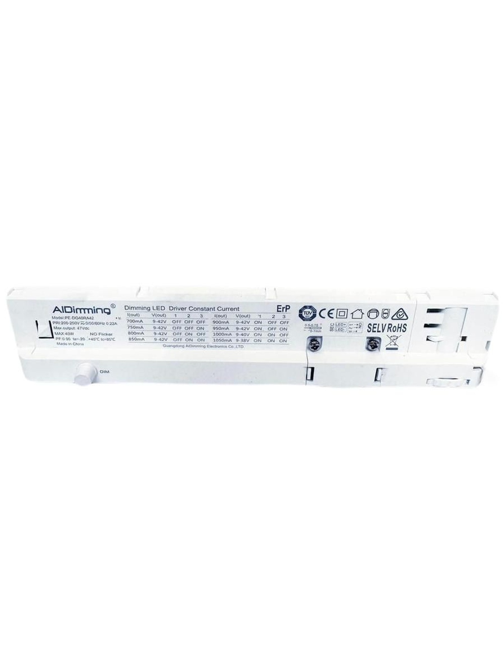 Блок питания 40W с диммированием на корпусе AIDimming model PE-DG40RA42C 700-1050mA 9-42VDC PF0.95 noFlicker для трековых светильников и 3-фазного шинопровода