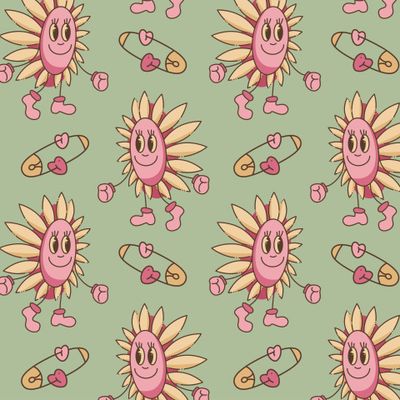 Подсолнух в ретро стиле с английским булавками и сердцами