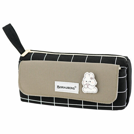 Пенал мягкий BRAUBERG, 1 отделение, карман на липучке, значок, 22х10х6 см, "Black checkered", 273579