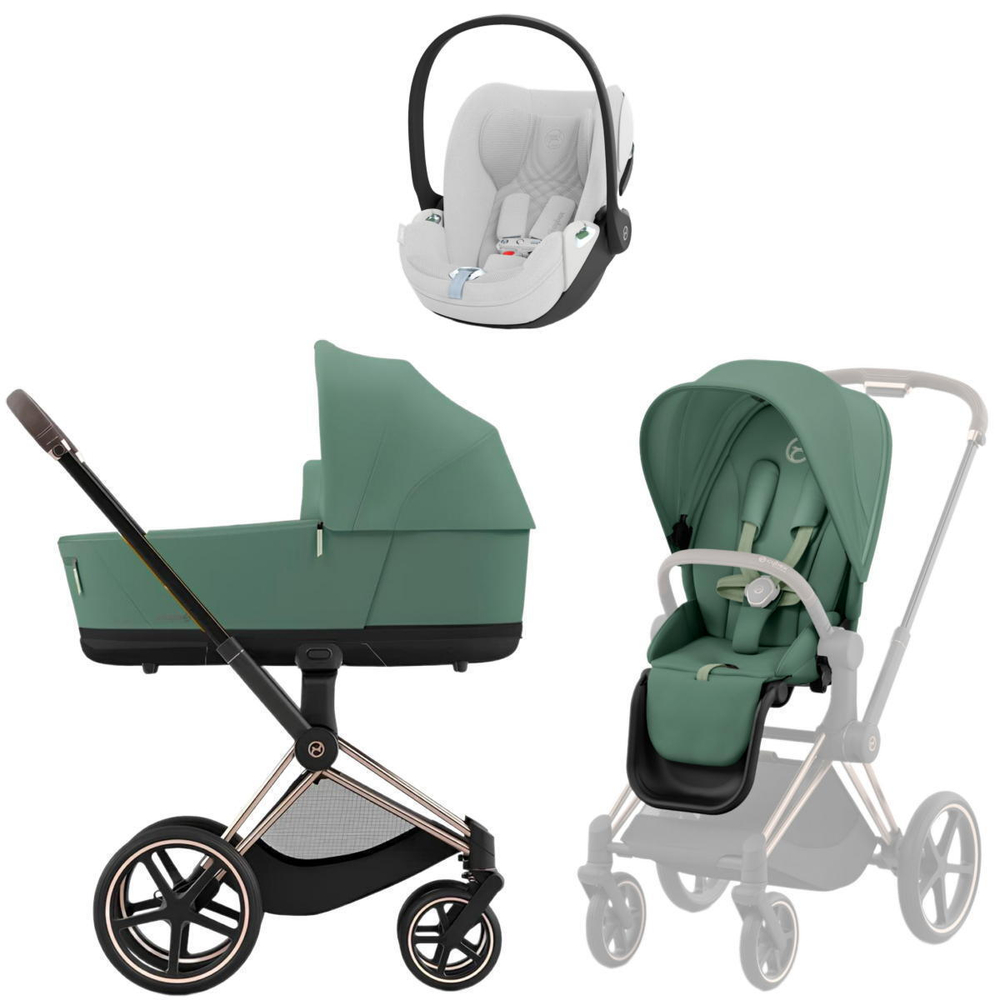 Коляска 3 в 1 Cybex Priam IV Rosegold complete и автокресло Cloud T i-Size Platinum White Plus Leaf Green
