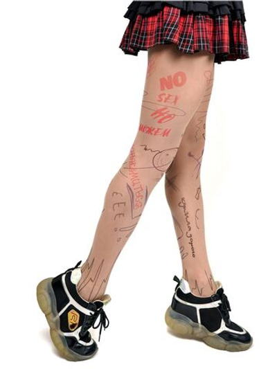Молодежные колготки с надписями и почеркушками (Размер: S-M-L) (Цвет: бежевый)