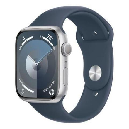 Apple Watch Series 9, 45 мм корпус из алюминия цвета «Silver», силиконовый спортивный ремешок «Storm Blue»