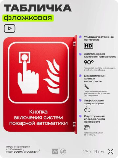 Табличка "Кнопка включения систем пожарной безопасности" флажковая на стену, двусторонняя с крепежом, 19 х 25 см, для офиса, кафе, ресторана, серия COSMO, Айдентика Технолоджи
