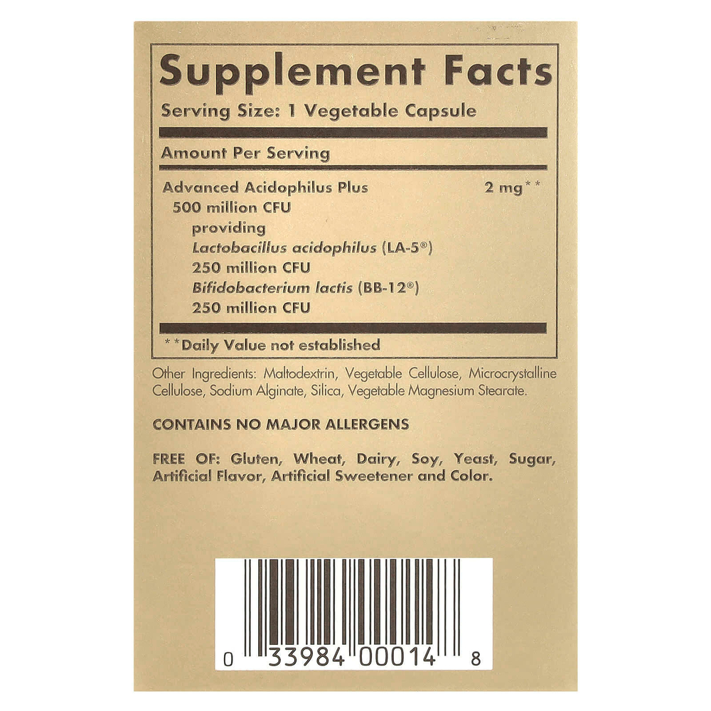 Solgar, Advanced Acidophilus Plus, 60 растительных капсул