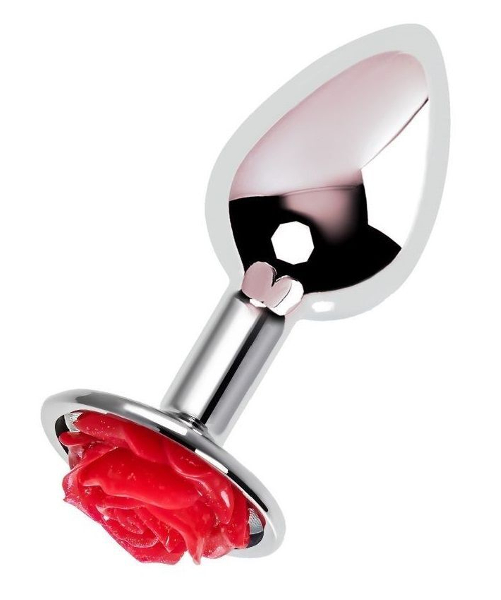 Серебристая анальная втулка с красной розочкой - 8 см.