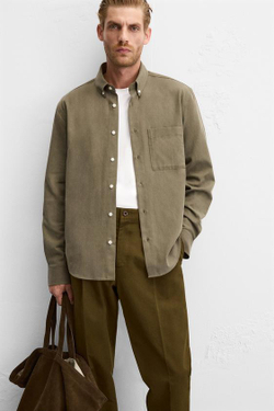 ZARA РУБАШКА ИЗ ХЛОПКА И ЛИОЦЕЛЛА, СЕРОВАТО-КОРИЧНЕВЫЙ