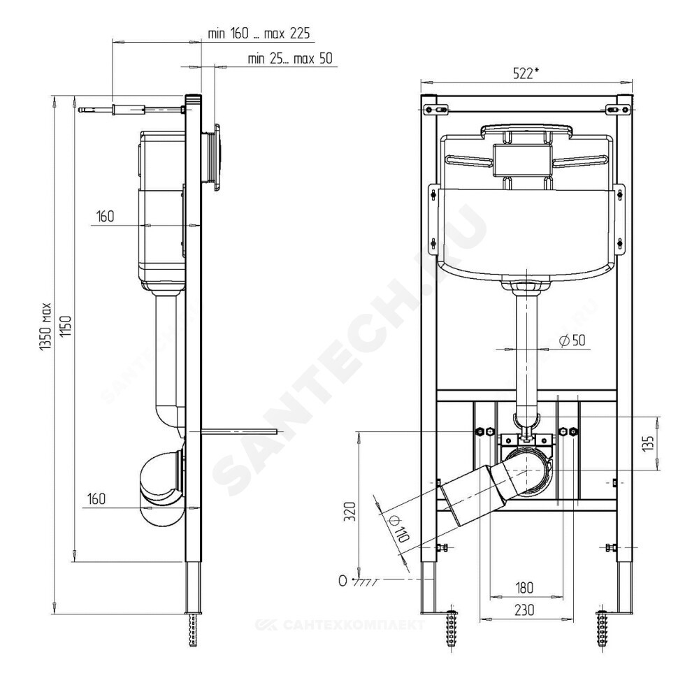 Инсталляция WC1110 для подвесного унитаза с кнопкой смыва пластик хром глянцевая WP1210 АНИ Пласт WCP1121