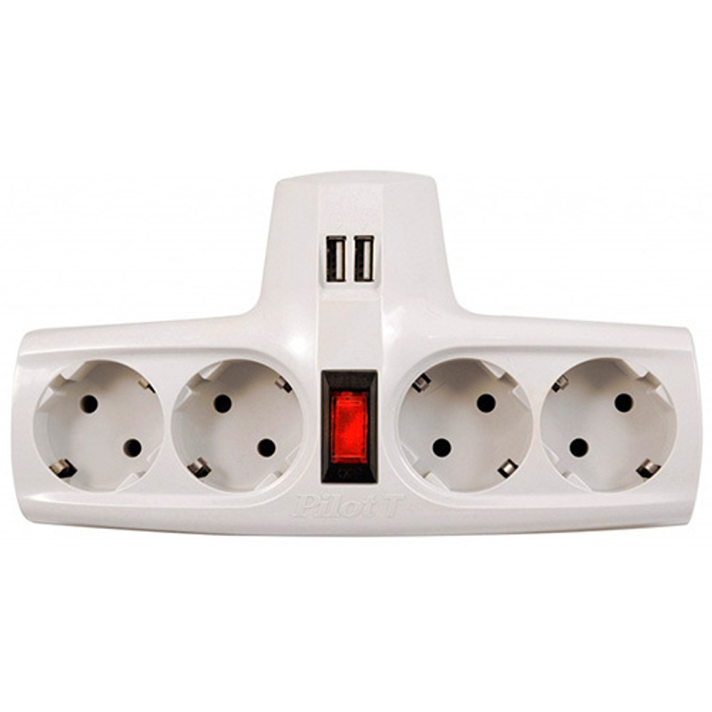 Разветвитель Pilot T USB, 4 розетки (евро с заземлением), 2*USB