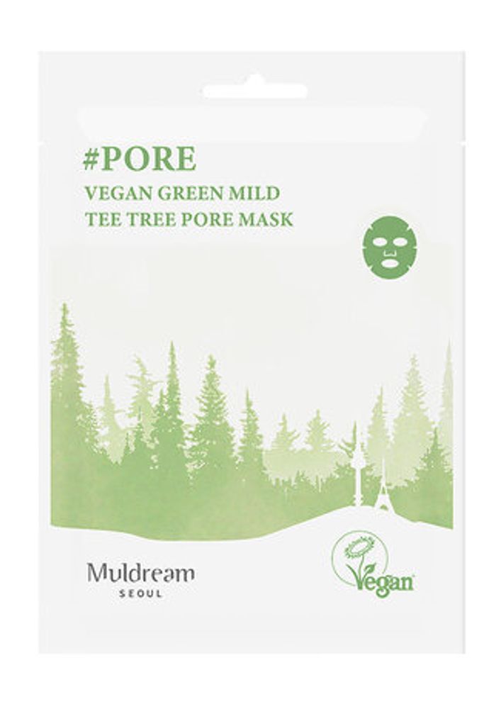 Muldream Тканевая маска для лица с экстрактом чайного дерева Vegan Green Mild  Tee Tree Pore Mask, 25 мл  х 10 шт