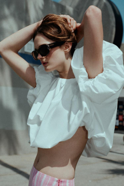 ZARA ТОП ИЗ ПОПЛИНА С ОБЪЕМНЫМИ РУКАВАМИ, БЕЛЫЙ