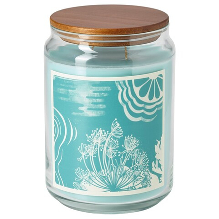 IKEA BUKETTAPEL  (ИКЕА БУКЕТТАПЕЛ)  -  Ароматическая свеча стеклянная с покр/2 кн, бергамотом и кедром/ бледно-зеленая, 100 ч.