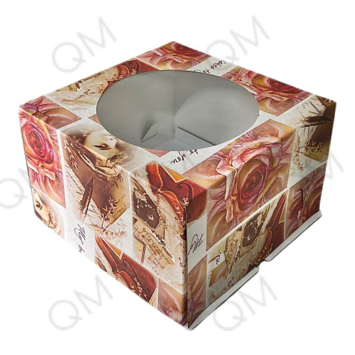 Коробка для торта с окном 300*300*190 мм роза на белой основе, 10 шт