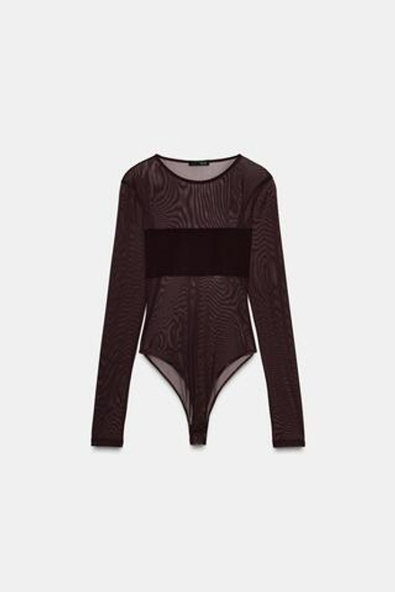 ZARA БОДИ ИЗ ПОЛУПРОЗРАЧНОЙ ТКАНИ, ТЕМНО-КОРИЧНЕВЫЙ
