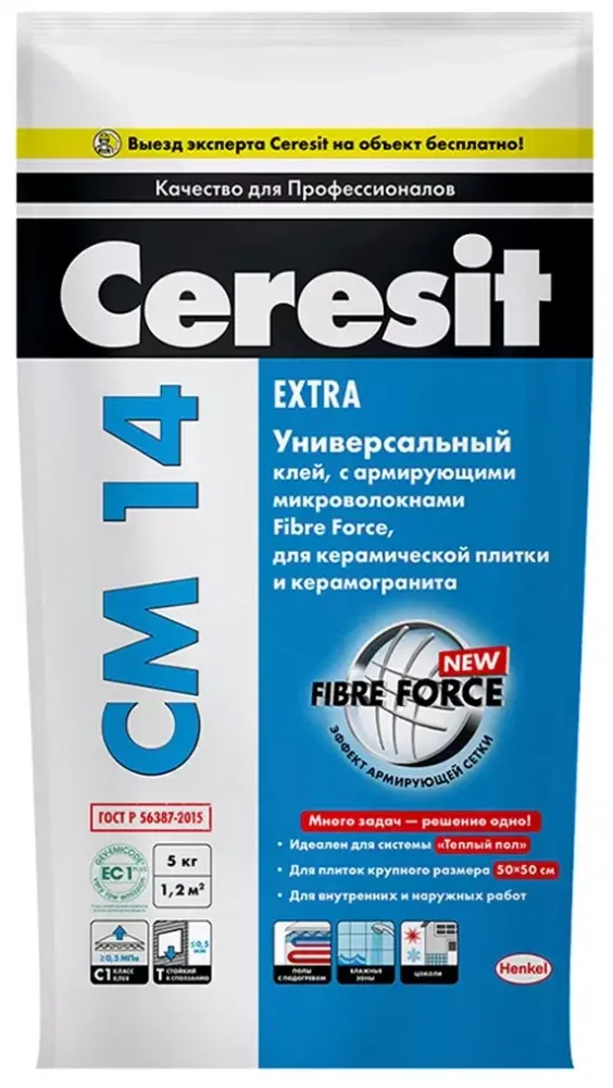 Клей для плитки керамической плитки и керамогранита Ceresit CM 14 Extra 5 кг