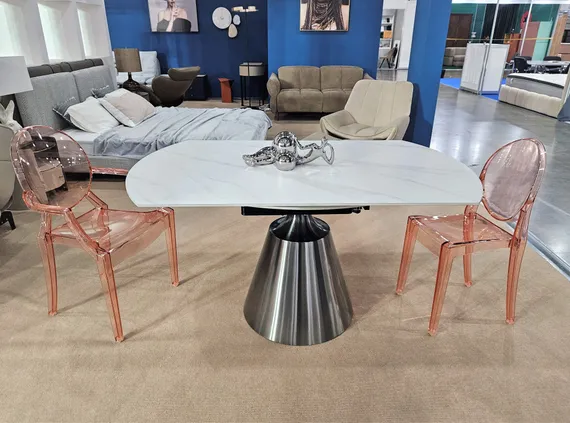 Стол обеденный раскладной Oda, Ø150 см, белый матовый керамогранит