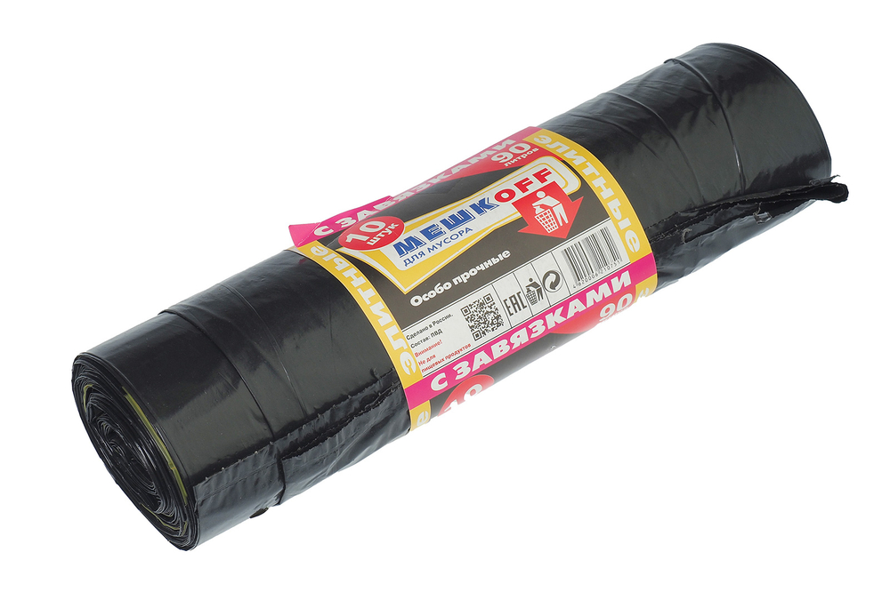 Мешки для мусора Элитные 90л 10 шт/уп 40мкм 70смх90см черные с завязками вес рулона 500г вес мешка 50г ПВД дно плоское со швом без боковых фальцев МешкоFF