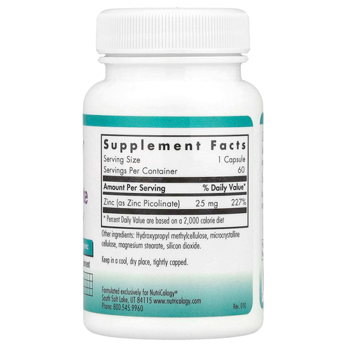 Nutricology, пиколинат цинка, 25 мг, 60 вегетарианских капсул