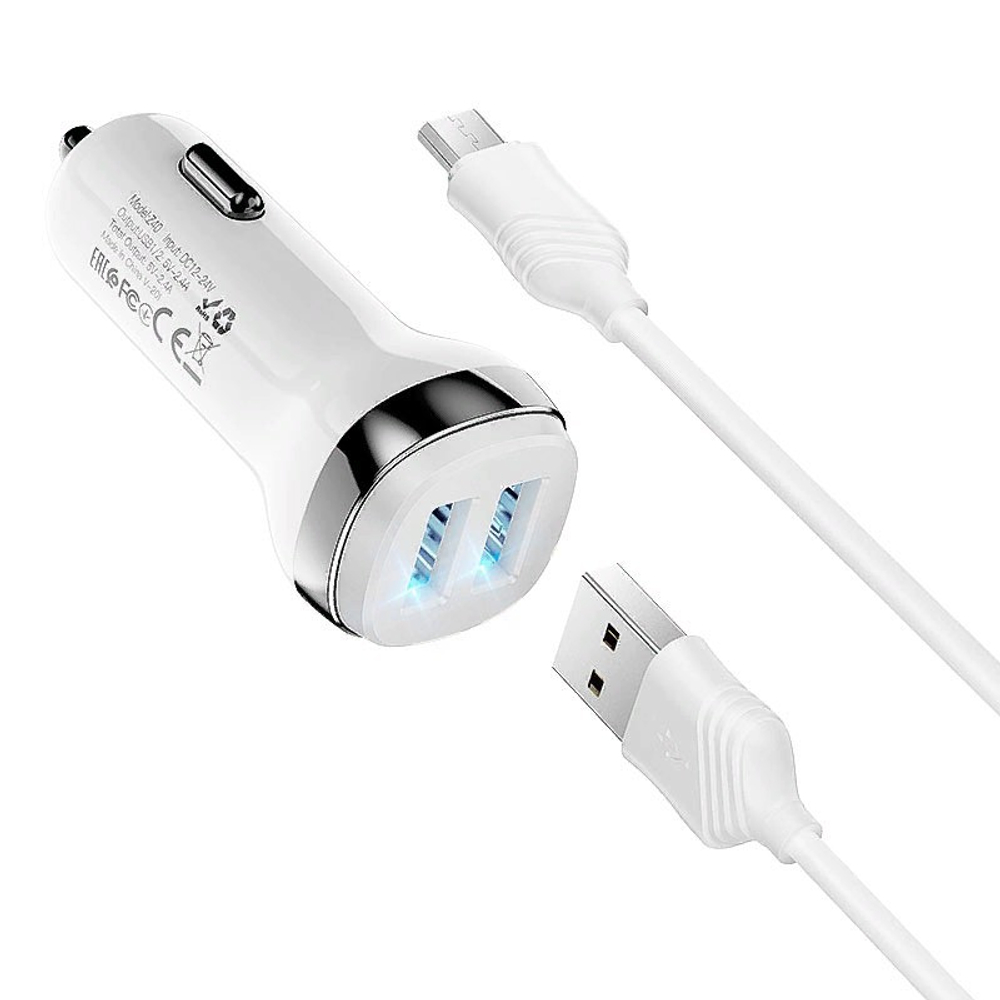 Разделитель автомобильный Hoco Z40 Superior dual port car charger с кабелем MicroUSB (2USB: 5V &amp; 2.4A) Белый