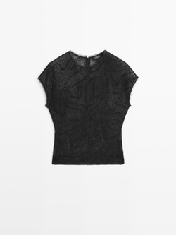 Massimo Dutti Полупрозрачной топ с вышивкой, черный
