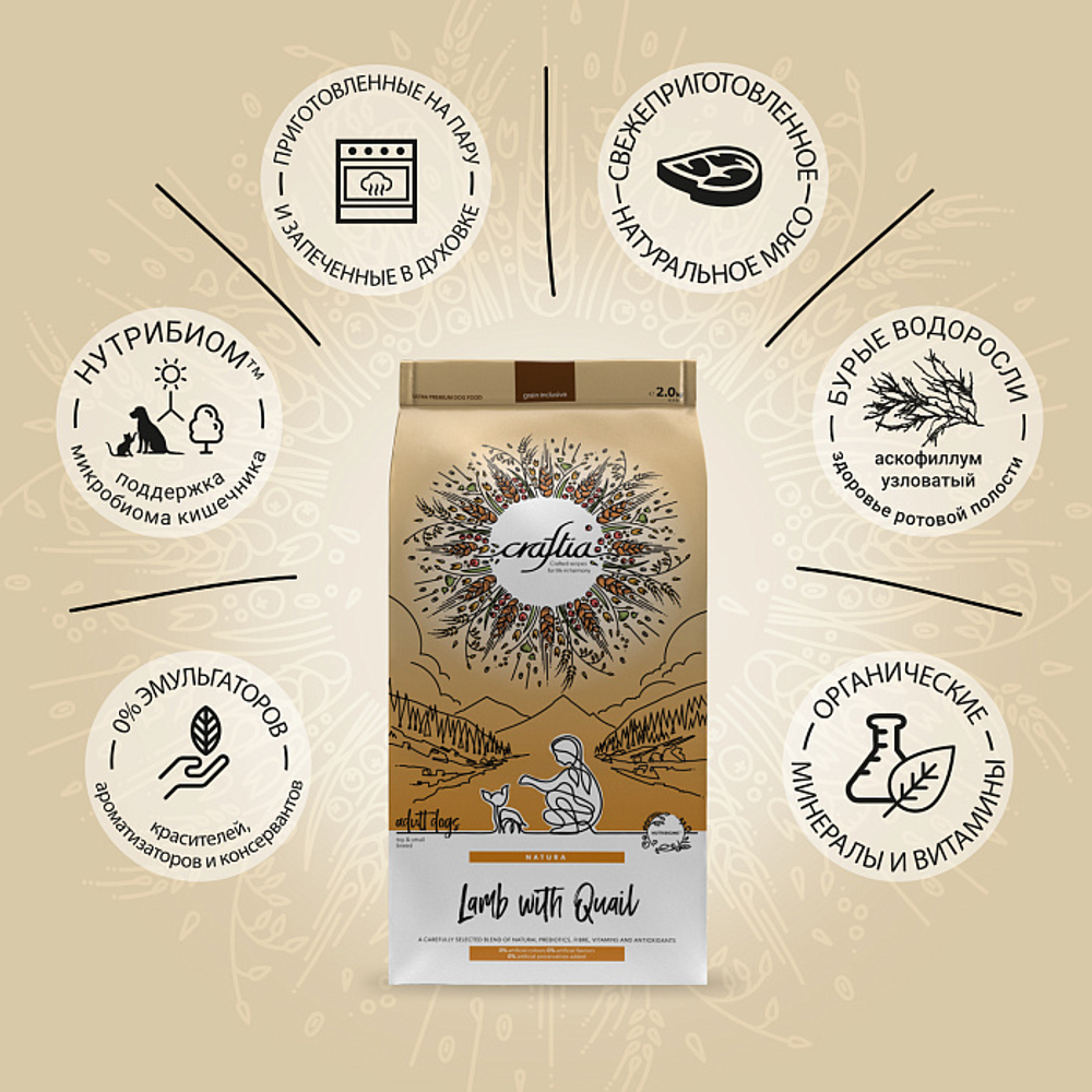 Сухой корм CRAFTIA NATURA для взрослых собак миниатюрных и мелких пород из ягненка с перепелкой 2 кг