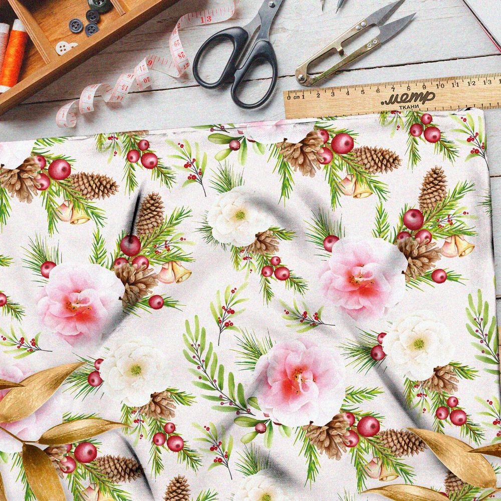 Ткань шелк Армани нежные розовые цветы, шишки и омела