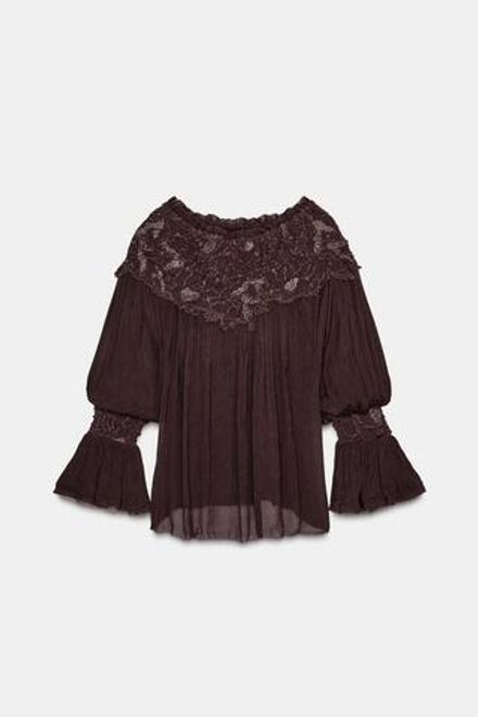 ZARA БЛУЗА С ВЫШИВКОЙ, БАКЛАЖАННЫЙ