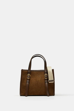 ZARA МИНИ-СУМКА ТОУТ ИЗ ВЕЛЬВЕТА, КОРИЧНЕВЫЙ