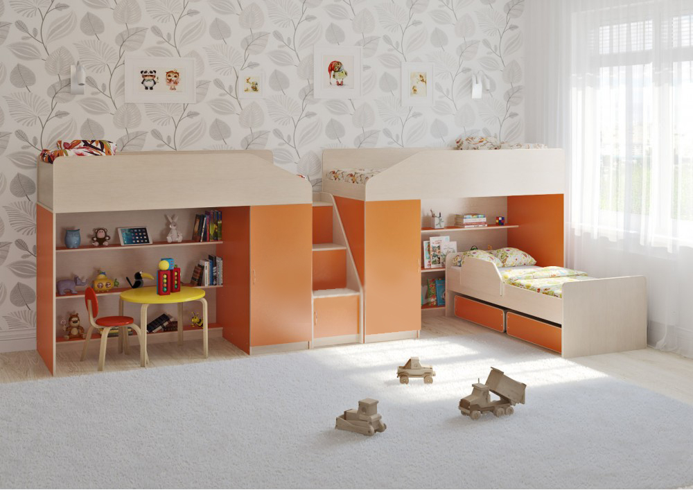 Трехъярусная кровать КарИВи Л-11.13  Дуб Молочный Оранжевый