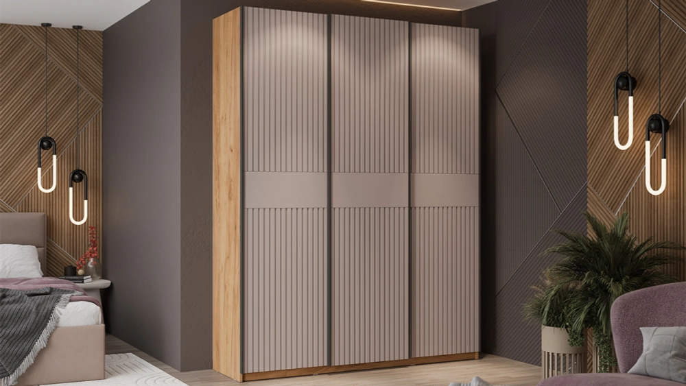 Шкаф-купе Оскар Хилтон 3-х дверный 177 дуб крафт золотой / кашемир сатин / ручка черная