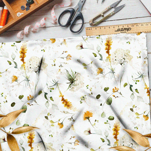 Ткань шелк Армани акварельные полевые цветы на белом фоне