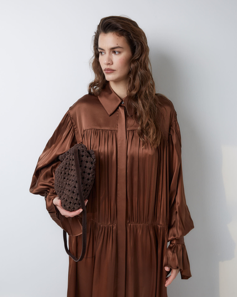 Платье-рубашка макси из шелка Берберри шоколадный