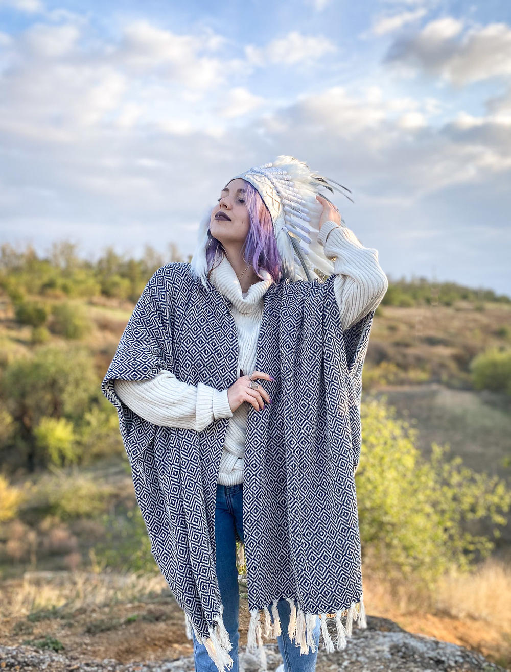 Бохо-накидка из фактурного хлопка (темно-синий/ромб)