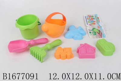 Набор для игры в песок 8 предметов: лейка, ведро, совок, грабли, 4 формочки, сетка 858-6