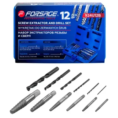 Экстракторы для извлечения заломанных болтов/гаек в комплекте со сверлами, набор 12пр. Forsage F-924U12B