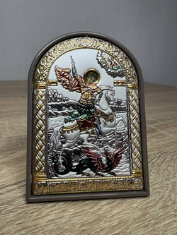 Георгий Победоносец, икона арочная, пластик коричневый, эмаль 80х115