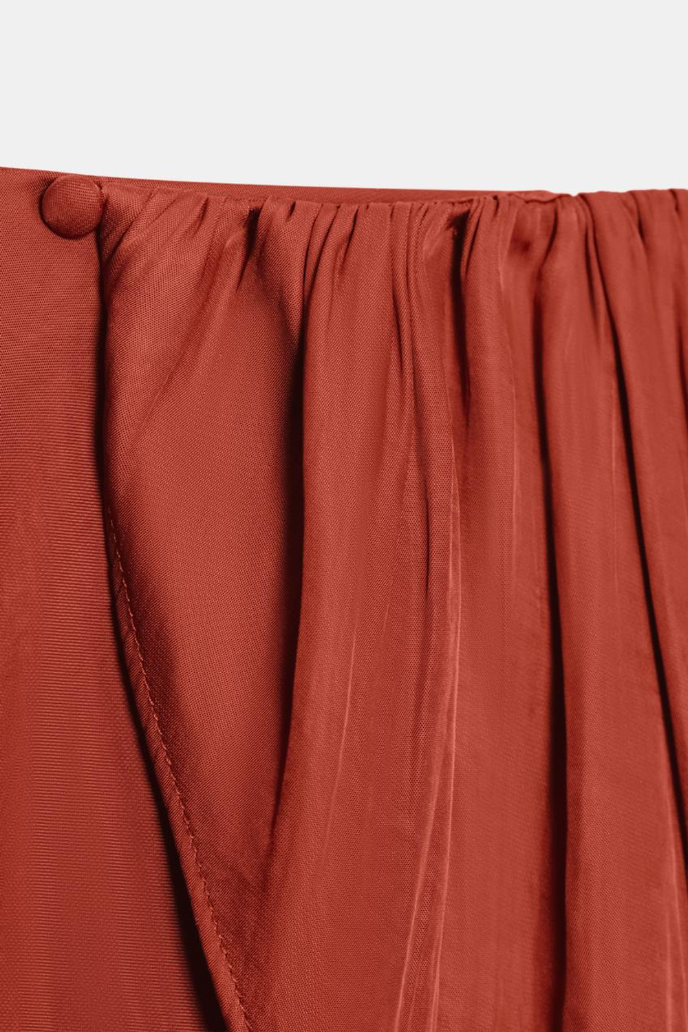 ZARA КОРОТКОЕ АСИММЕТРИЧНОЕ ПЛАТЬЕ С ПОЯСОМ, ТЕМНЫЙ ЧЕРЕПИЧНЫЙ