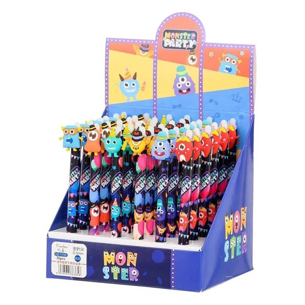 Ручка гелевая, пиши-стирай, автоматическая, Basir, синие чернила, серия "Monster", цветной корпус с фигуркой, 36 шт