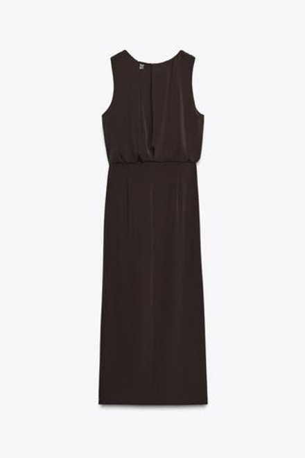 ZARA ПЛАТЬЕ МИДИ СО СБОРКАМИ НА ТАЛИИ, КОРИЧНЕВЫЙ