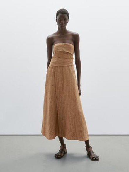 Massimo Dutti Расклешенное платье без бретелей, коричневый